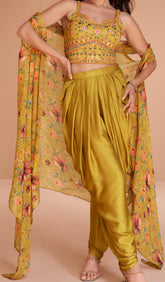 Exclusive handwork on viscose nylon Dhoti style yellow dress with floral shrug| unique dress indian wear